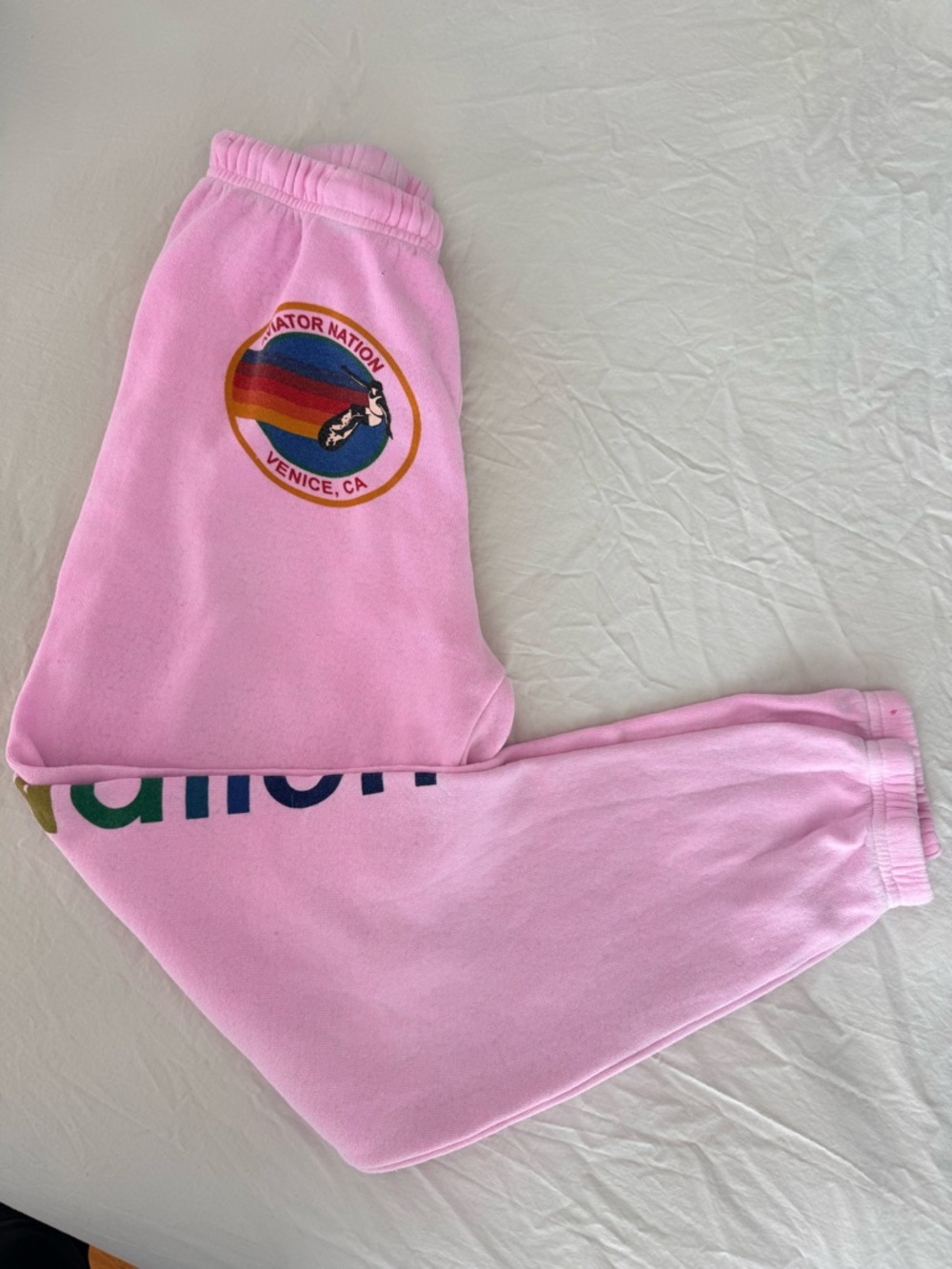 Kids Pink Aviator Nation Graphic Sweatpants with Rainbow Side Print